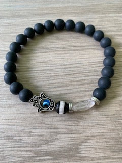 Jean Claude - Women's Hamsa Hand Matte Agate, Dzi Bead & Crystal Bead Stretch Bracelet