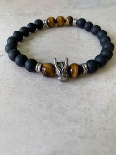 Jean Claude - Women's Matte Black Agate & Tiger Eye Dragon Charm Stretch Bracelet