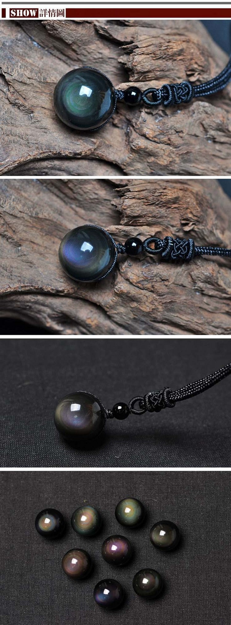Natural Obsidian Rainbow Eye Transfer Good Luck Bead Pendant  Chain Necklace Jewelry For Woman
