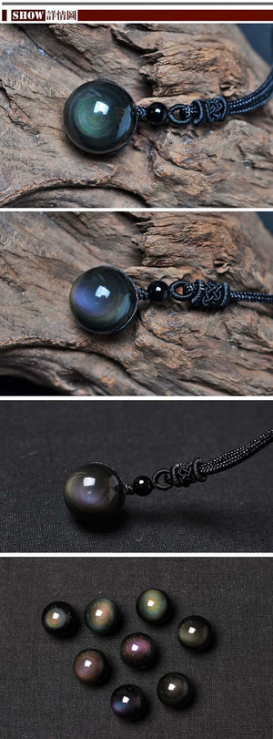 Natural Obsidian Rainbow Eye Transfer Good Luck Bead Pendant  Chain Necklace Jewelry For Woman