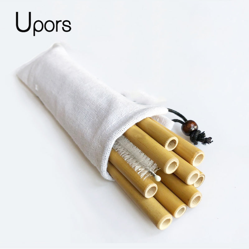 UPORS 6/10Pcs Natural Organic Bamboo Straw Set Eco Friendly Bamboo Straw Reusable Drinking Straws with Straw Case Brush 8inch