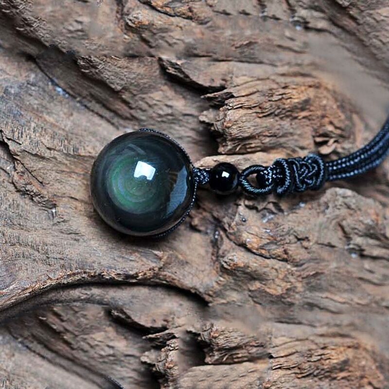 Natural Obsidian Rainbow Eye Transfer Good Luck Bead Pendant  Chain Necklace Jewelry For Woman
